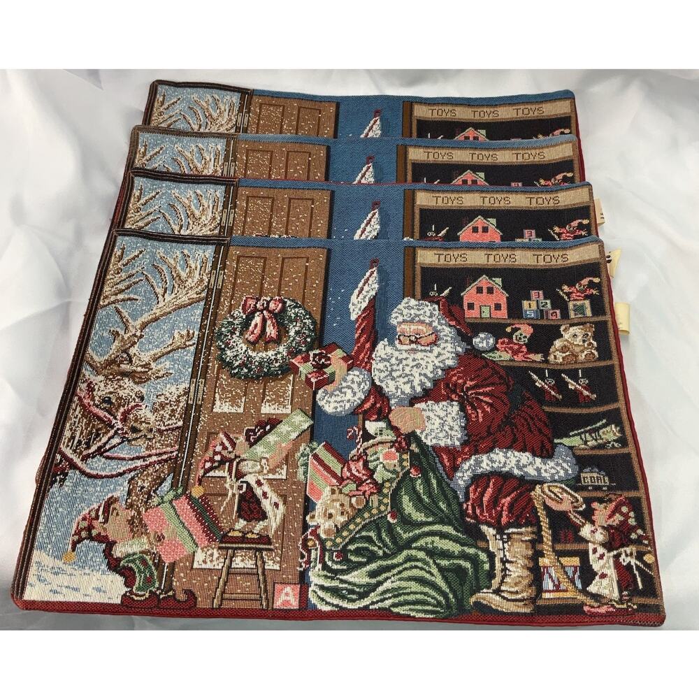 4 Tapestry Placemats Santa Elf Toys Gifts Christmas Holiday 17x13 Read